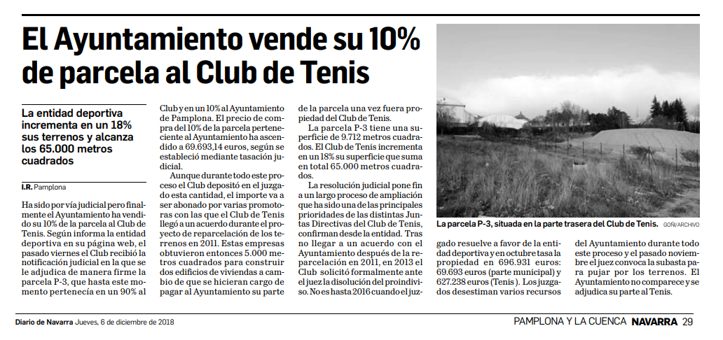 El Ayto. de Pamplona vende al Club de Tenis su 10% de parcela