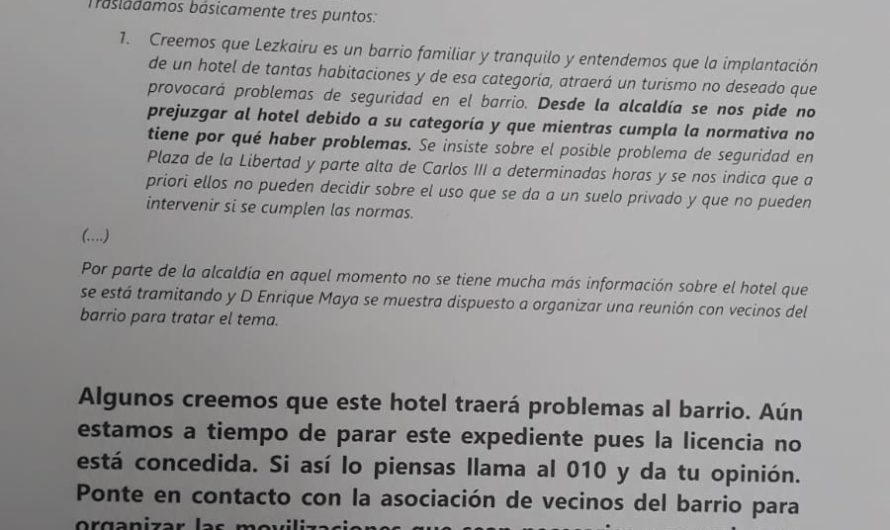 Aclaración sobre carteles puestos en portales relacionados con el futuro hotel de Lezkairu
